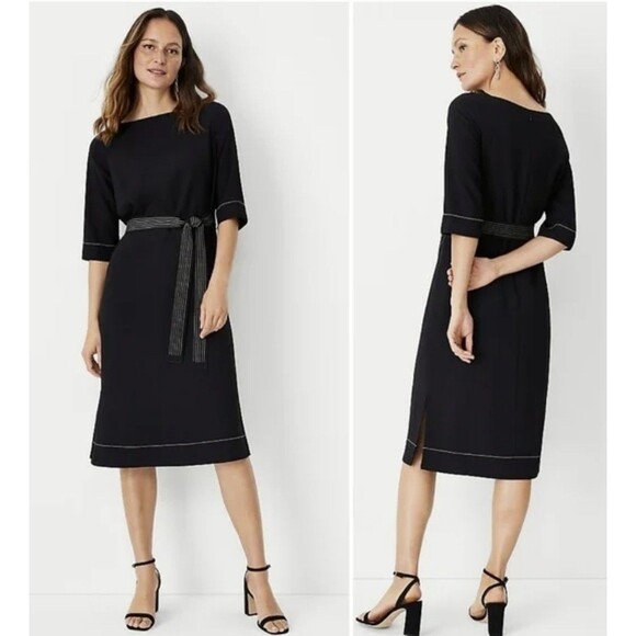 NWT Ann Taylor small  Black with Pinstriped Belted Midi Dress(belt is missing) - Picture 1 of 7